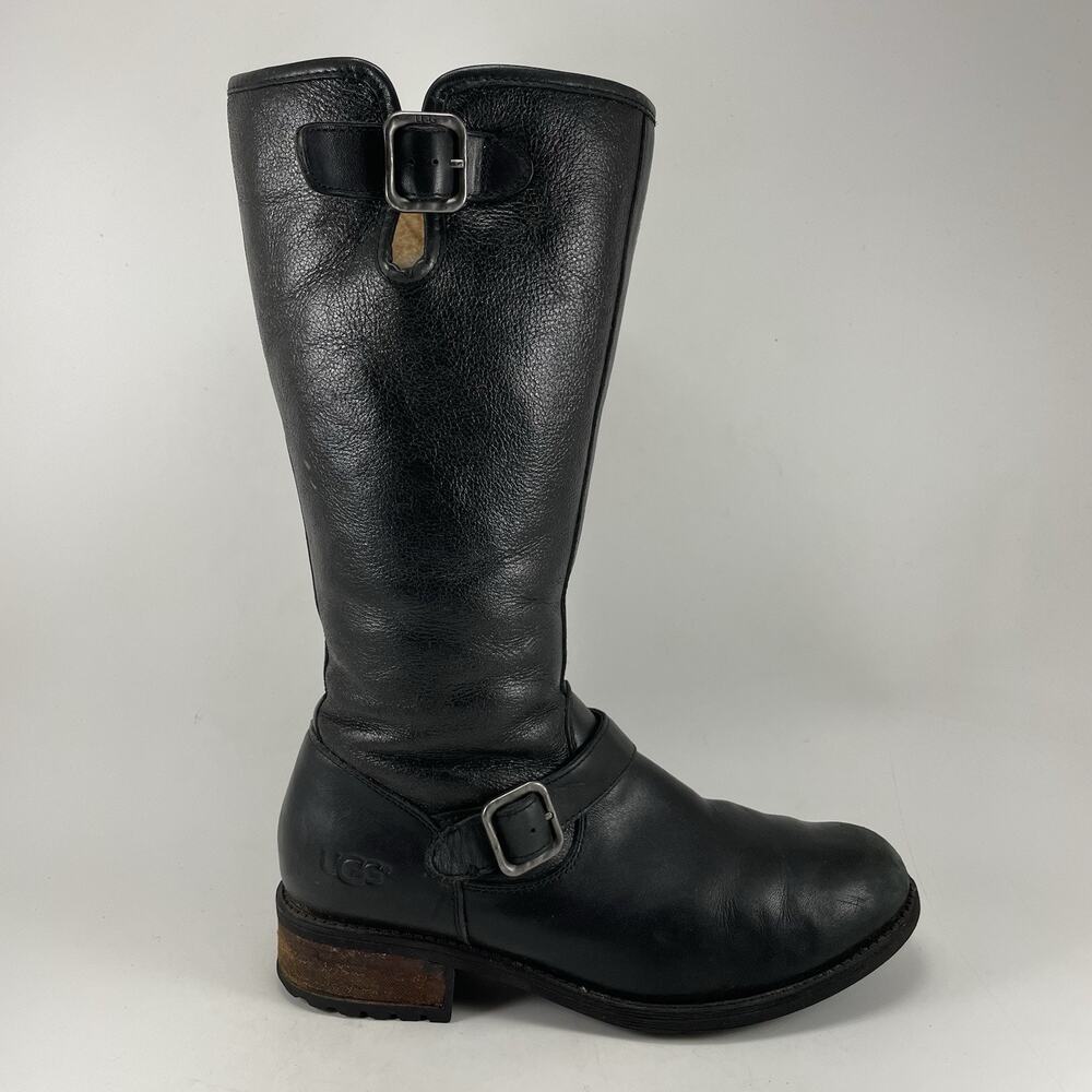 UGG Chancery Tall Riding Boots Womens Size 9 Black Leather Sheepskin Lined Zip